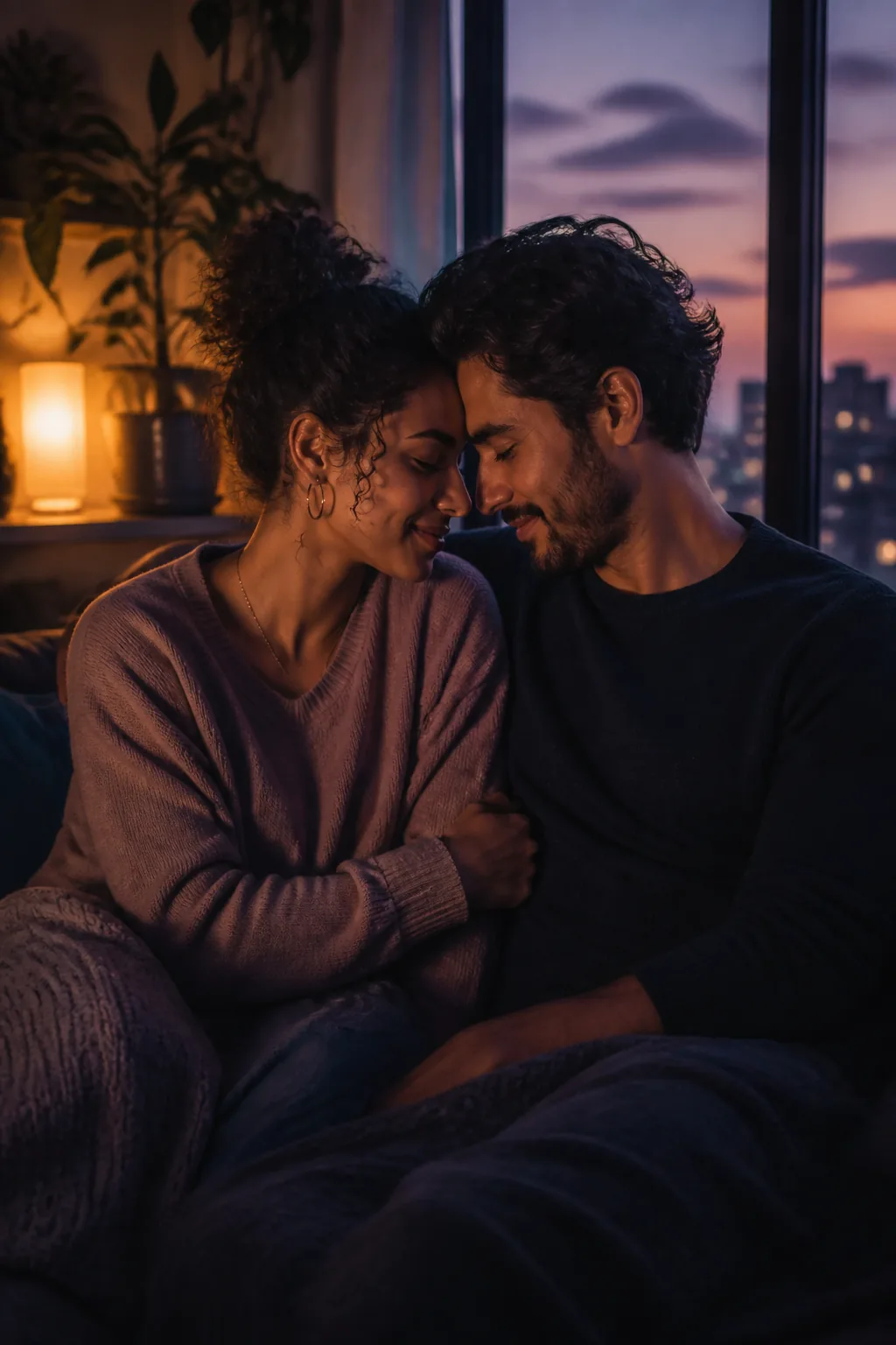 A couple sharing a warm, quiet moment while exploring their birth chart compatibility