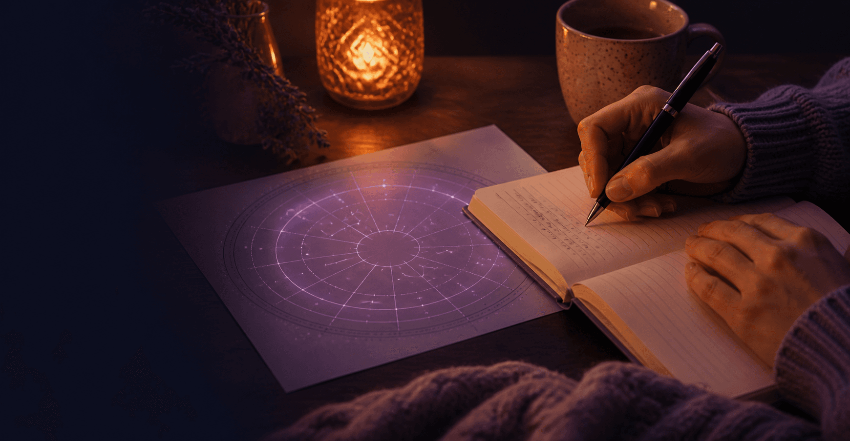 A warm desk scene with a glowing birth chart and journal